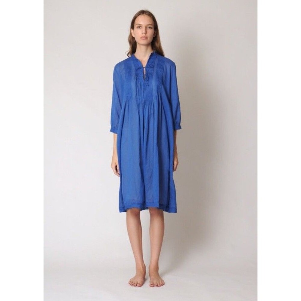 Matta NY XS Dress Aditi Blue Pintuck Shift Midi Bow Tie Shirt Cotton Pleated